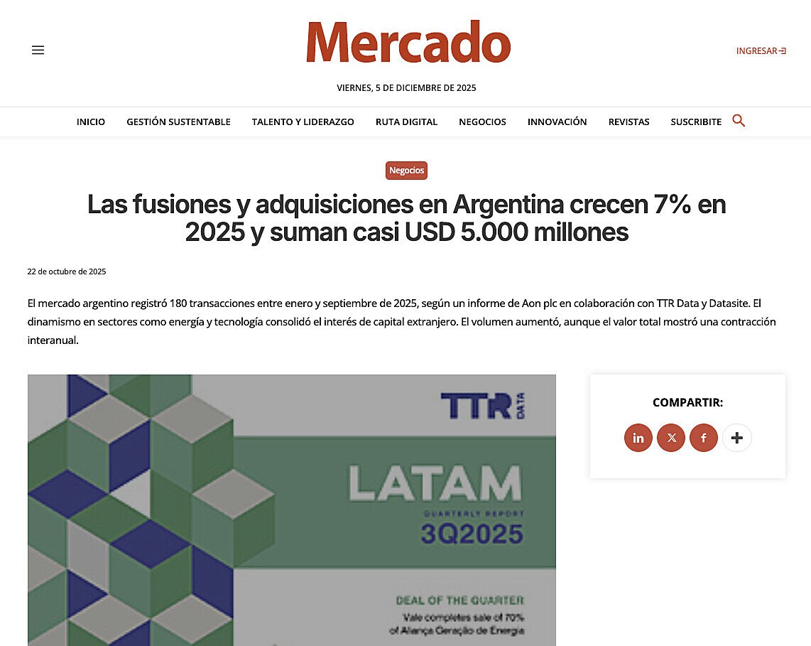 Las fusiones y adquisiciones en Argentina crecen 7% en 2025 y suman casi USD 5.000 millones